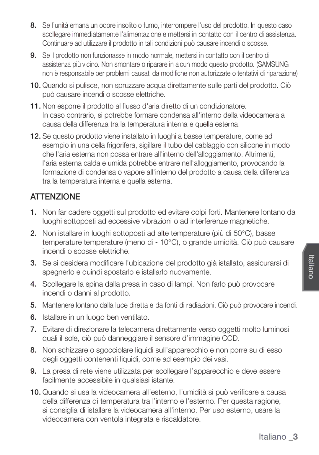 Samsung SCC-C6453P manual Attenzione 