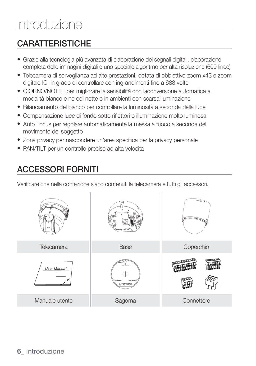 Samsung SCC-C6453P manual Caratteristiche, Accessori Forniti 