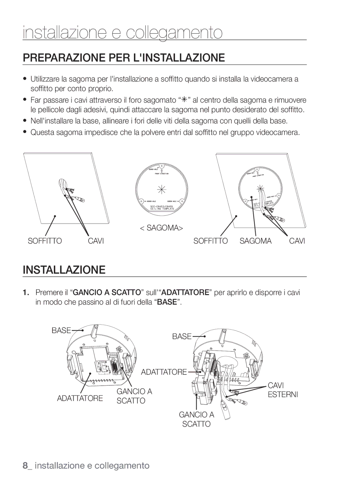 Samsung SCC-C6453P Installazione e collegamento, Preparazione PER Linstallazione, Sagoma Soffitto Cavi Soffitto Sagoma 