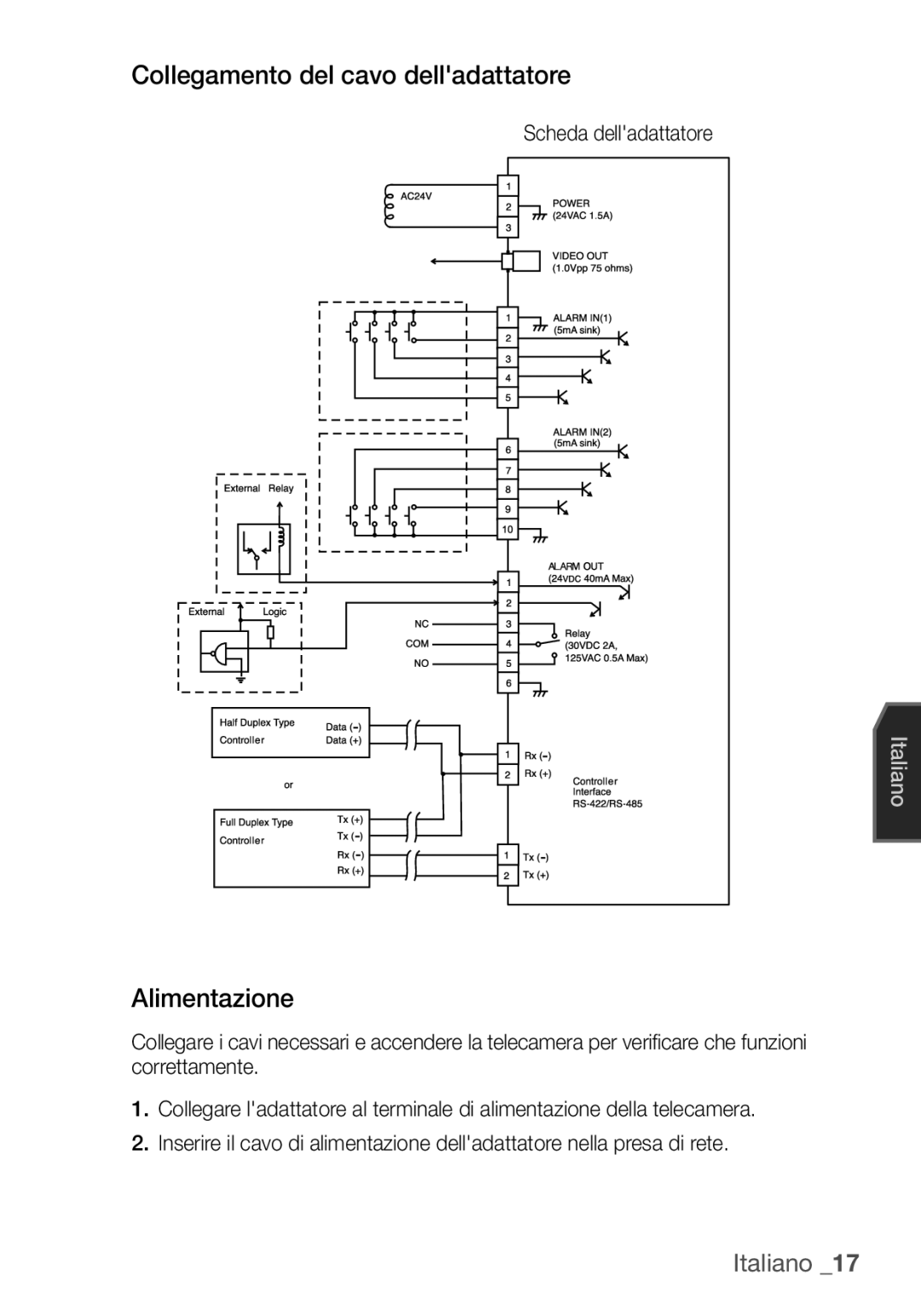 Samsung SCC-C6453P manual Collegamento del cavo delladattatore, Alimentazione, Scheda delladattatore 