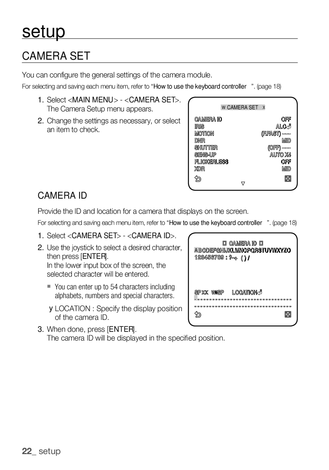 Samsung SCC-C6453P manual Camera SET, Camera ID, You can configure the general settings of the camera module 