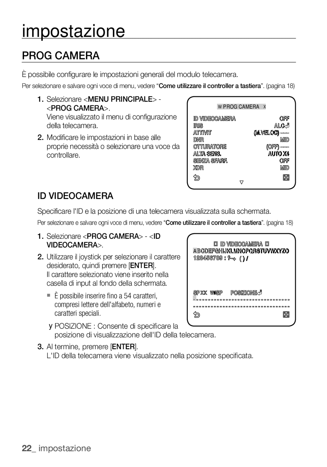 Samsung SCC-C6453P manual Selezionare Prog Camera ID Videocamera 