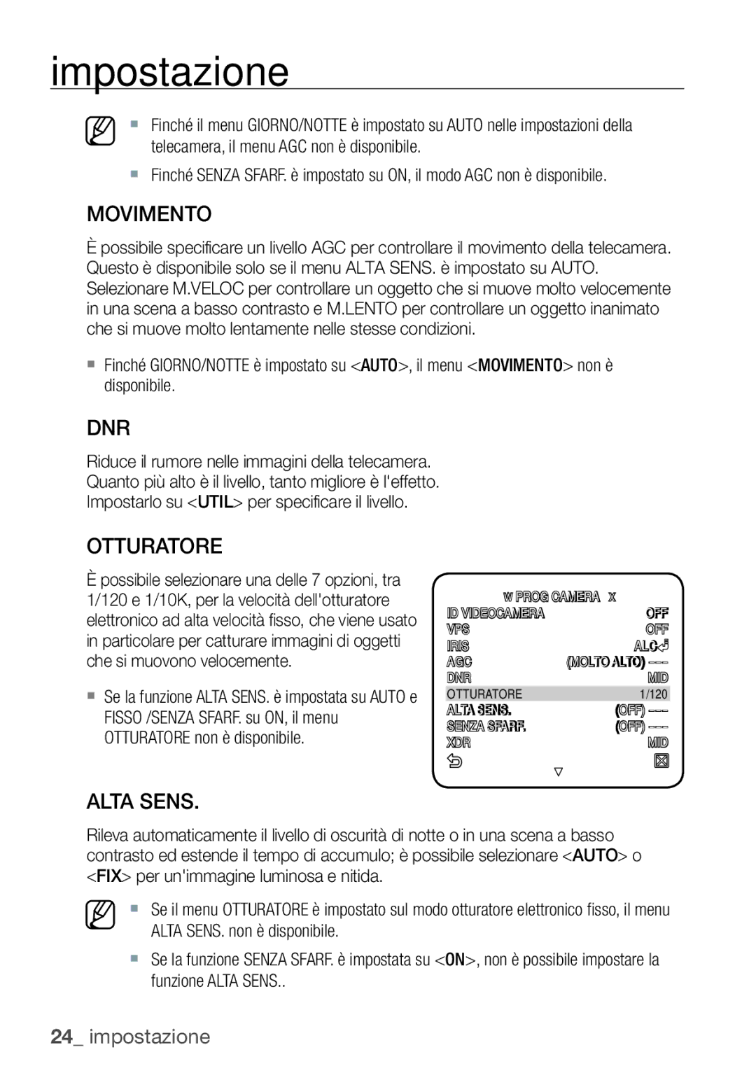 Samsung SCC-C6453P manual Movimento, Otturatore, Alta Sens 