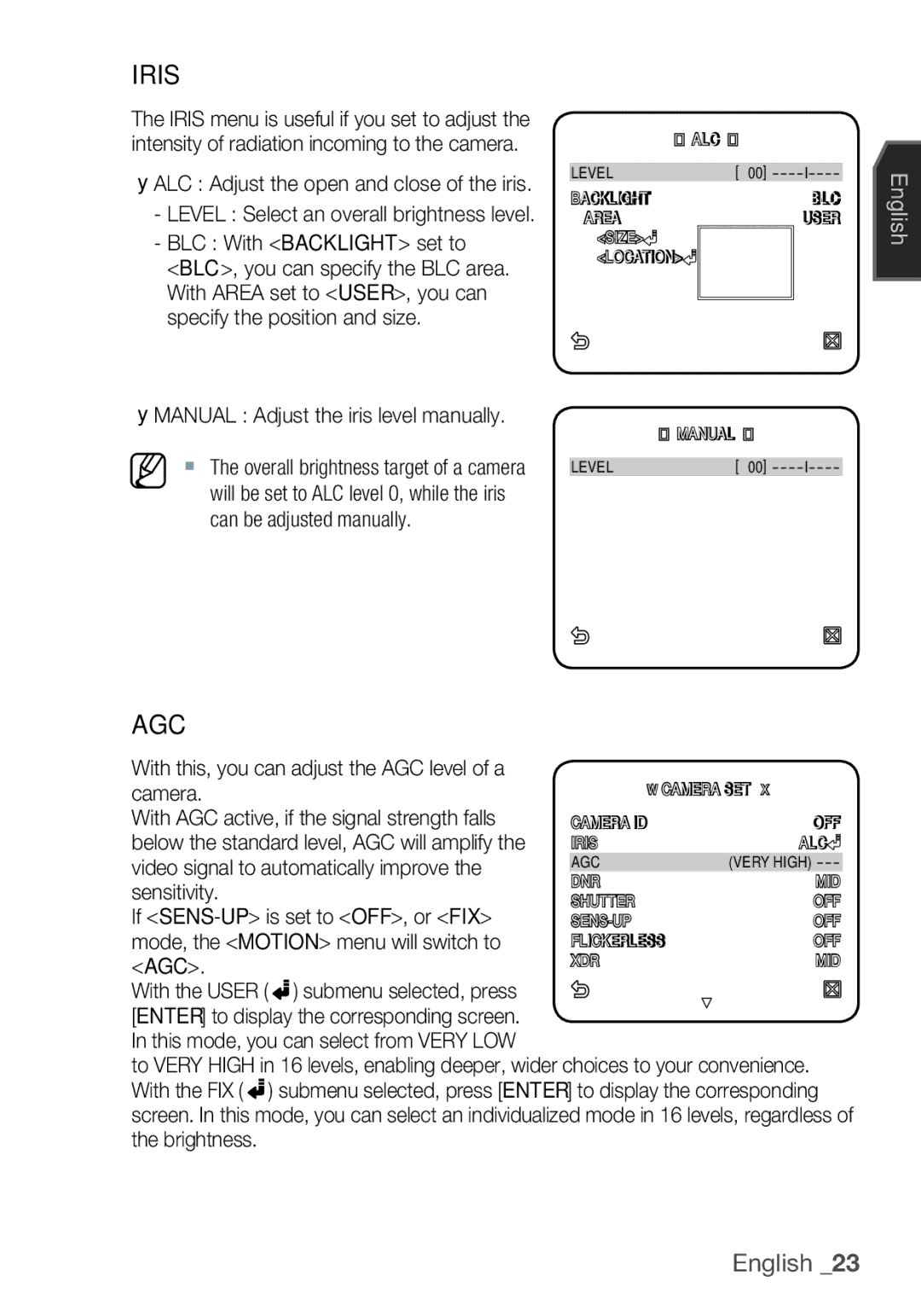 Samsung SCC-C6453P manual Iris, Agc 