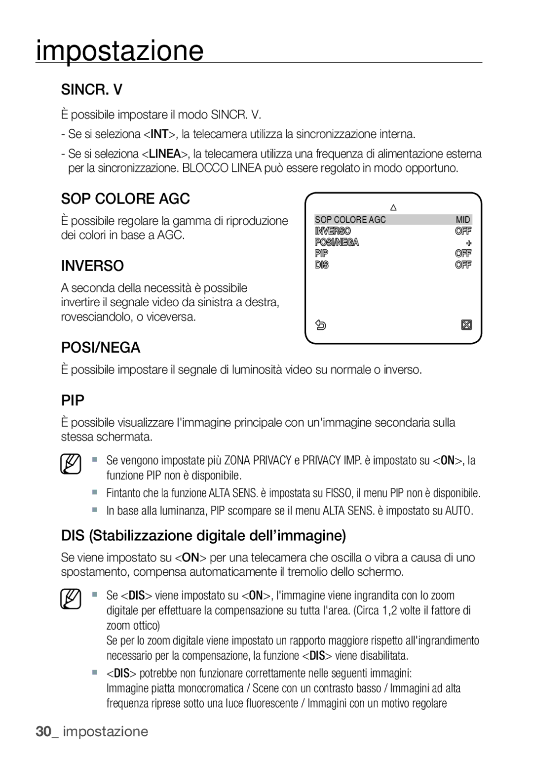 Samsung SCC-C6453P manual Sincr, SOP Colore AGC, Inverso, DIS Stabilizzazione digitale dell’immagine 