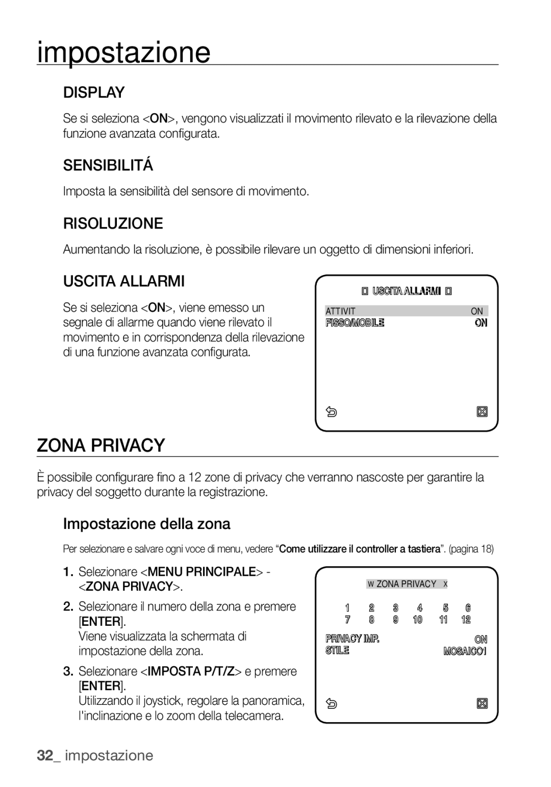 Samsung SCC-C6453P manual Zona Privacy, Sensibilitá, Risoluzione, Uscita Allarmi, Impostazione della zona 