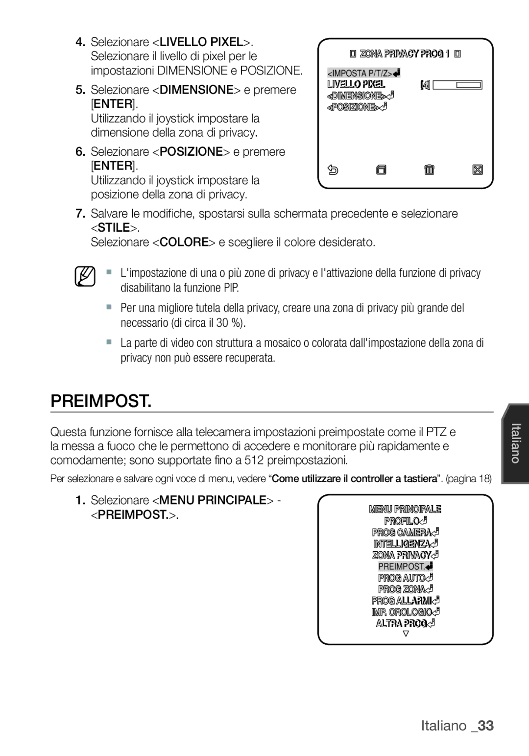 Samsung SCC-C6453P manual Preimpost, Selezionare Dimensione e premere Enter, Selezionare Posizione e premere Enter 