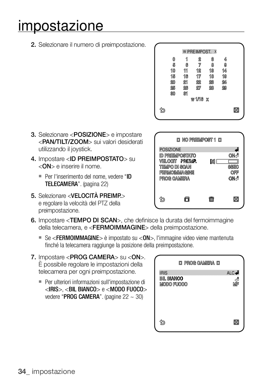 Samsung SCC-C6453P manual Selezionare il numero di preimpostazione, Impostare ID Preimpostato su on e inserire il nome 