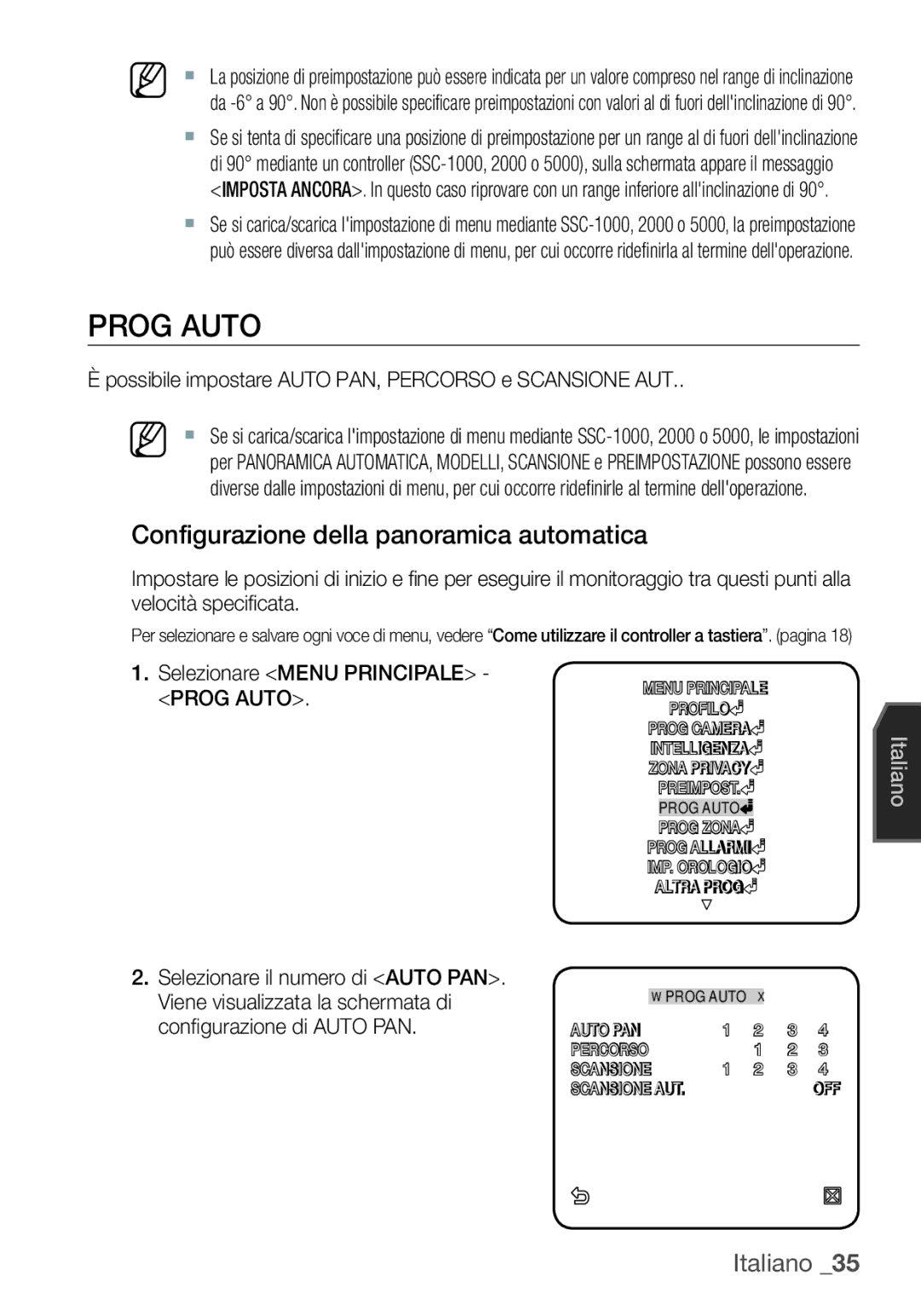 Samsung SCC-C6453P manual Prog Auto, Configurazione della panoramica automatica 