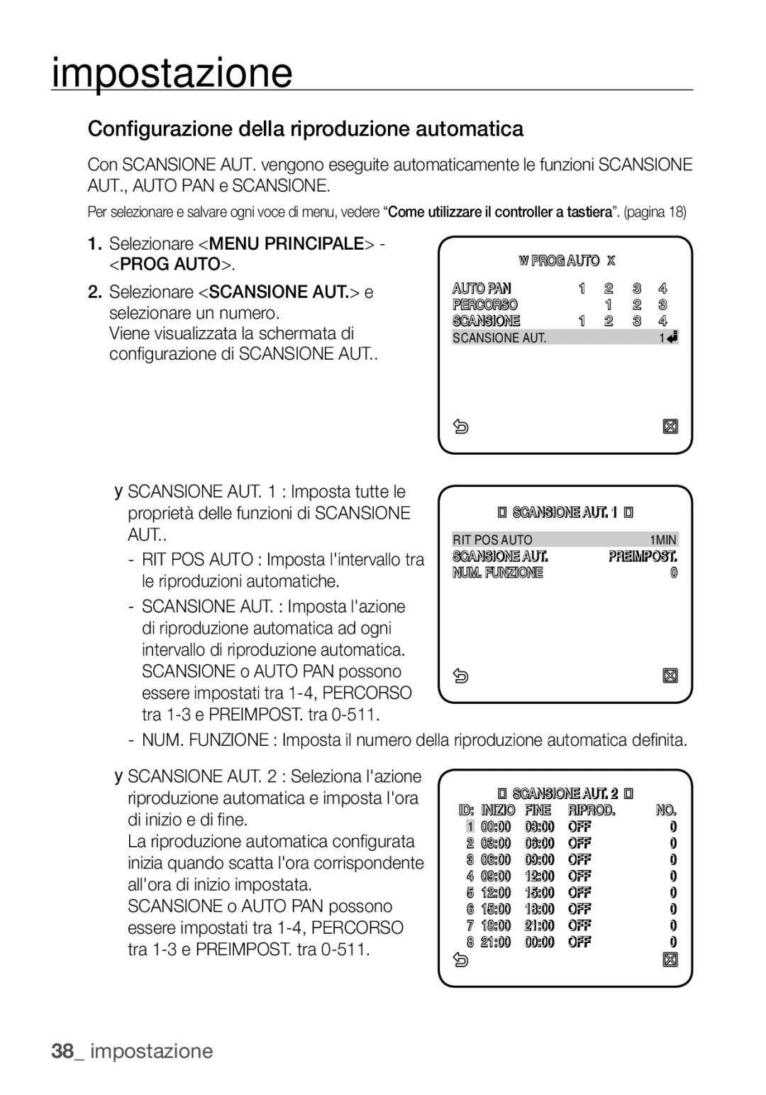 Samsung SCC-C6453P manual Configurazione della riproduzione automatica 