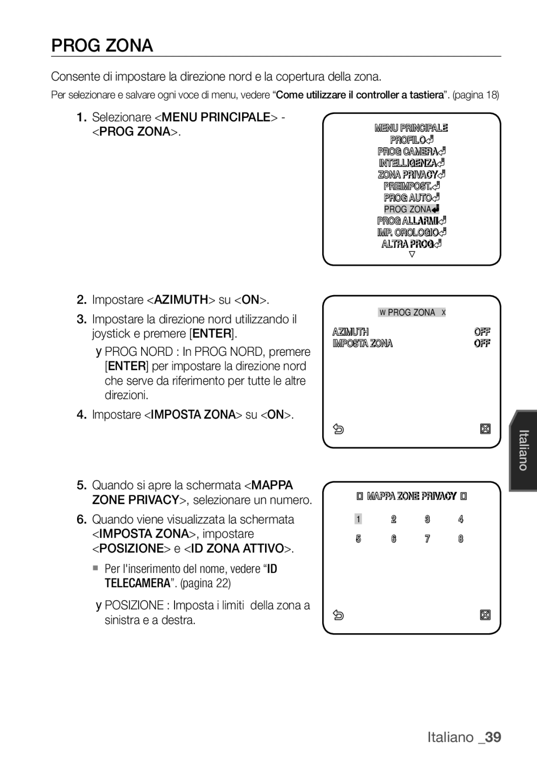 Samsung SCC-C6453P manual Selezionare Menu Principale Prog Zona, Impostare Azimuth su on 