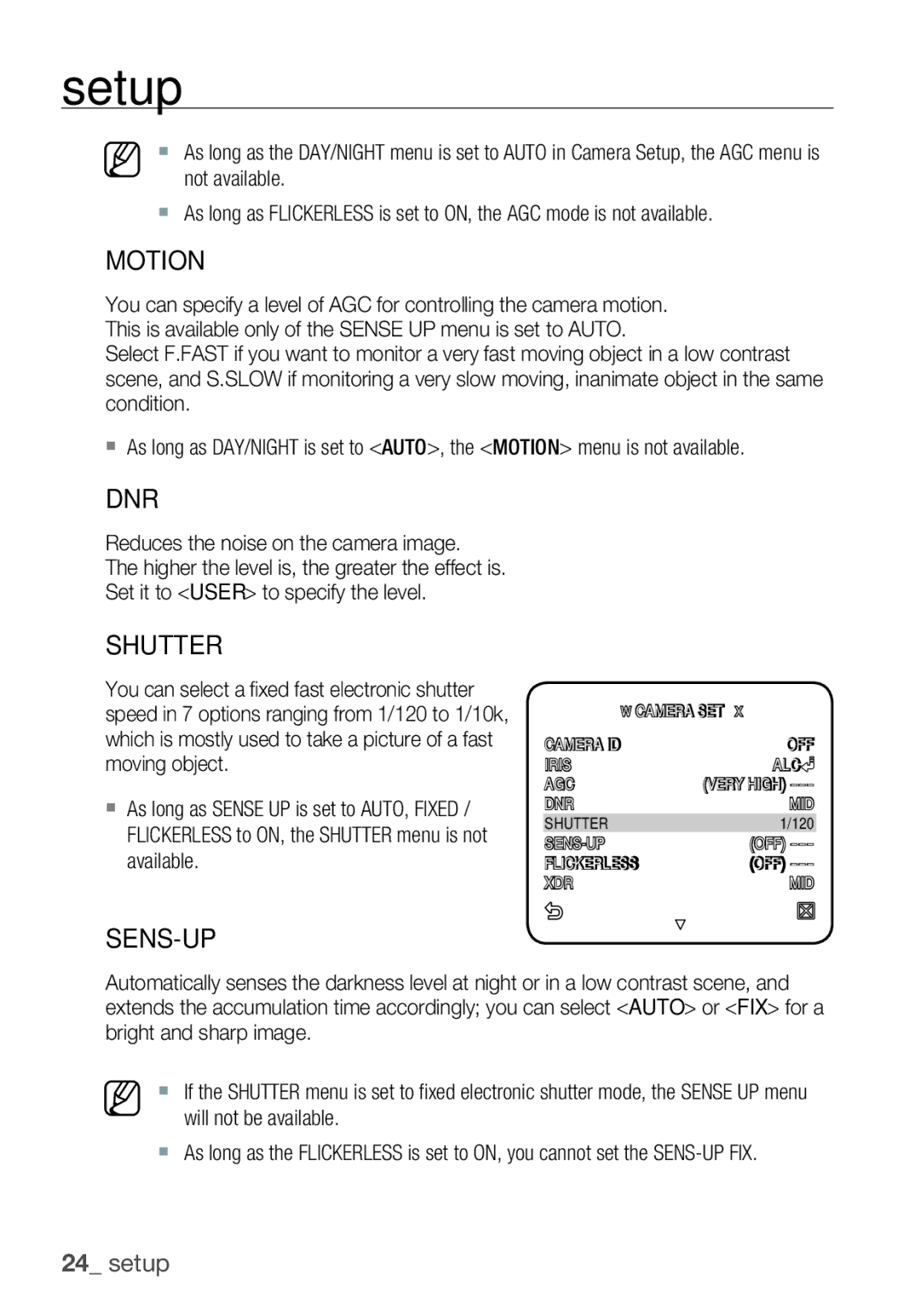 Samsung SCC-C6453P manual Motion, Dnr, Shutter, Sens-Up 