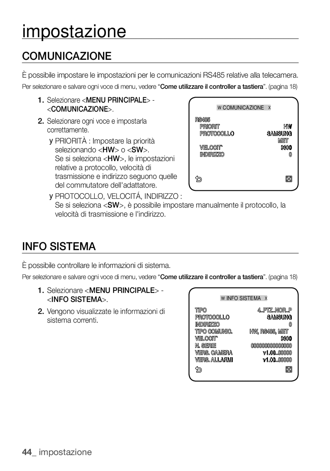 Samsung SCC-C6453P manual Comunicazione, Info Sistema, Possibile controllare le informazioni di sistema 