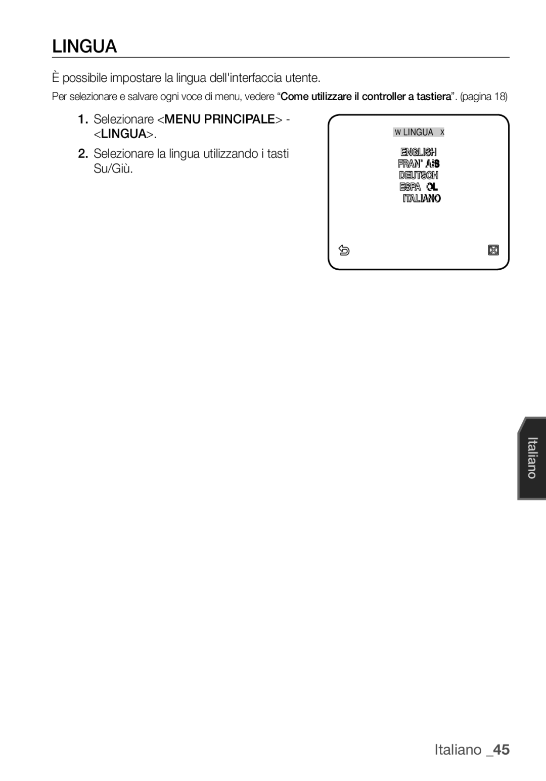 Samsung SCC-C6453P manual Lingua, Possibile impostare la lingua dellinterfaccia utente 