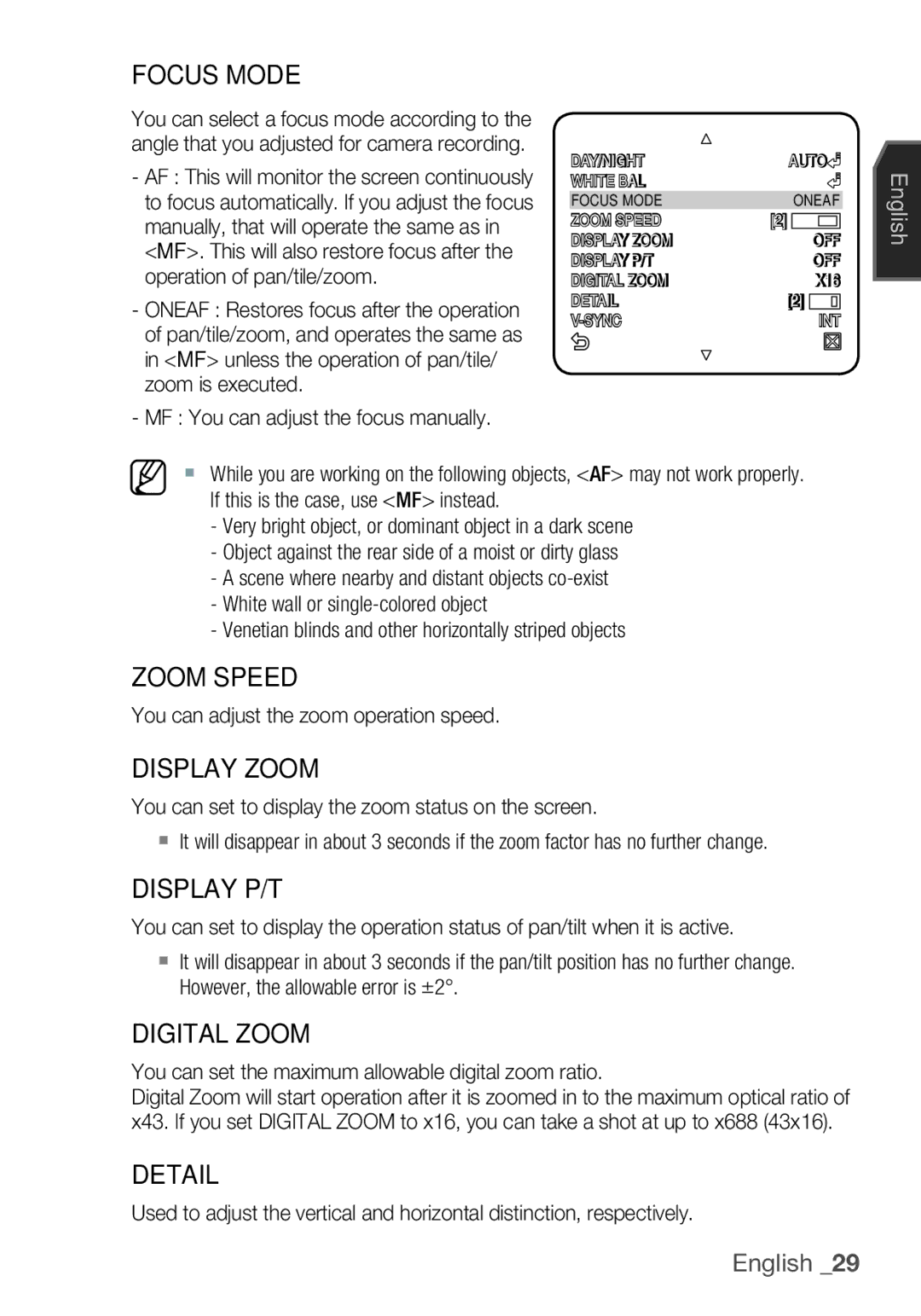 Samsung SCC-C6453P manual Focus Mode, Zoom Speed, Display Zoom, Display P/T, Digital Zoom, Detail 