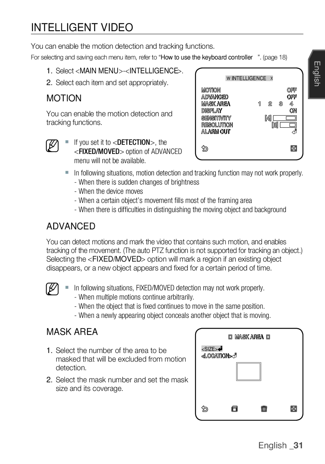 Samsung SCC-C6453P Intelligent Video, Advanced, Mask Area, You can enable the motion detection and tracking functions 