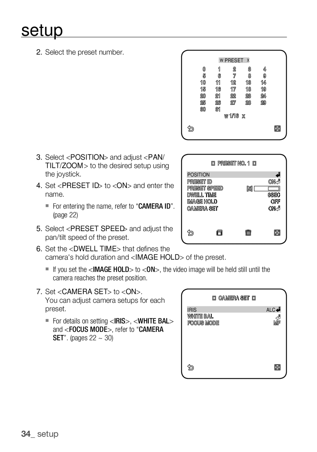 Samsung SCC-C6453P Select the preset number, Select Position and adjust PAN, TILT/ZOOM to the desired setup using Joystick 