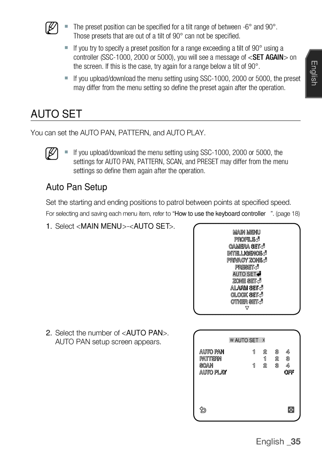 Samsung SCC-C6453P Auto SET, Auto Pan Setup, You can set the Auto PAN, PATTERN, and Auto Play, Select Main MENU-AUTO SET 