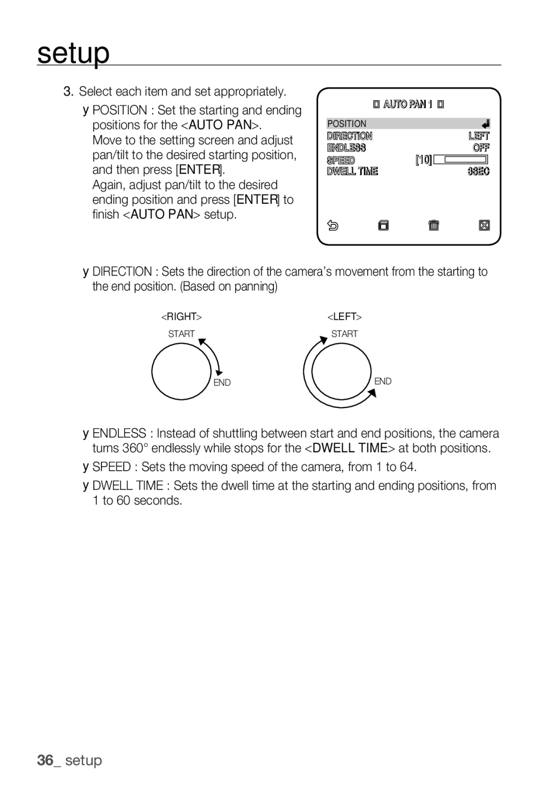 Samsung SCC-C6453P manual Nish Auto PAN setup 