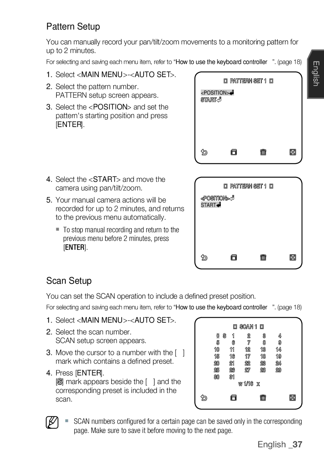 Samsung SCC-C6453P manual Pattern Setup, Scan Setup, Select the Start and move the camera using pan/tilt/zoom 