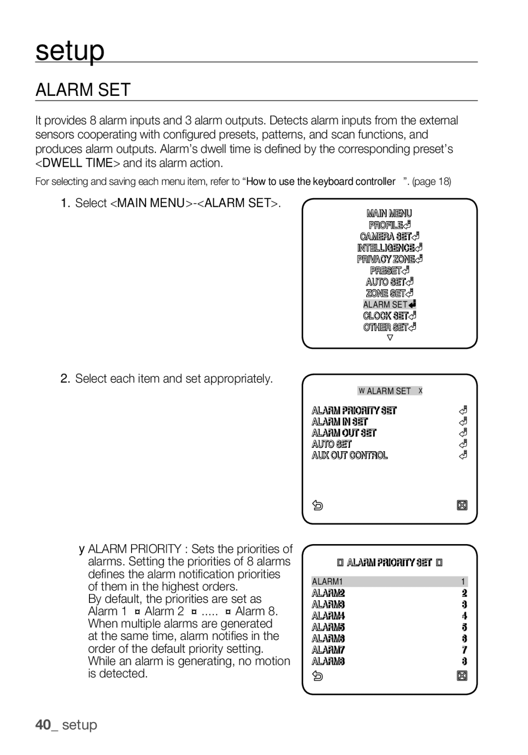 Samsung SCC-C6453P manual Alarm SET, Select Main MENU-ALARM SET 