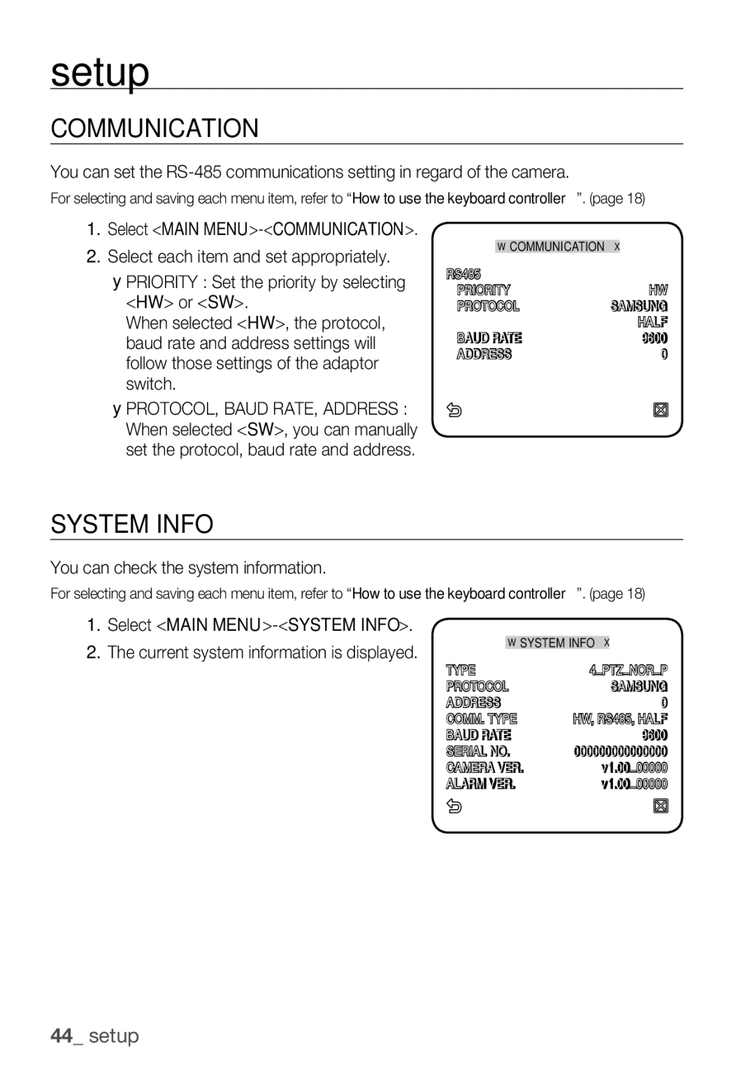 Samsung SCC-C6453P manual Communication, System Info, You can check the system information, Select Main MENU-SYSTEM Info 