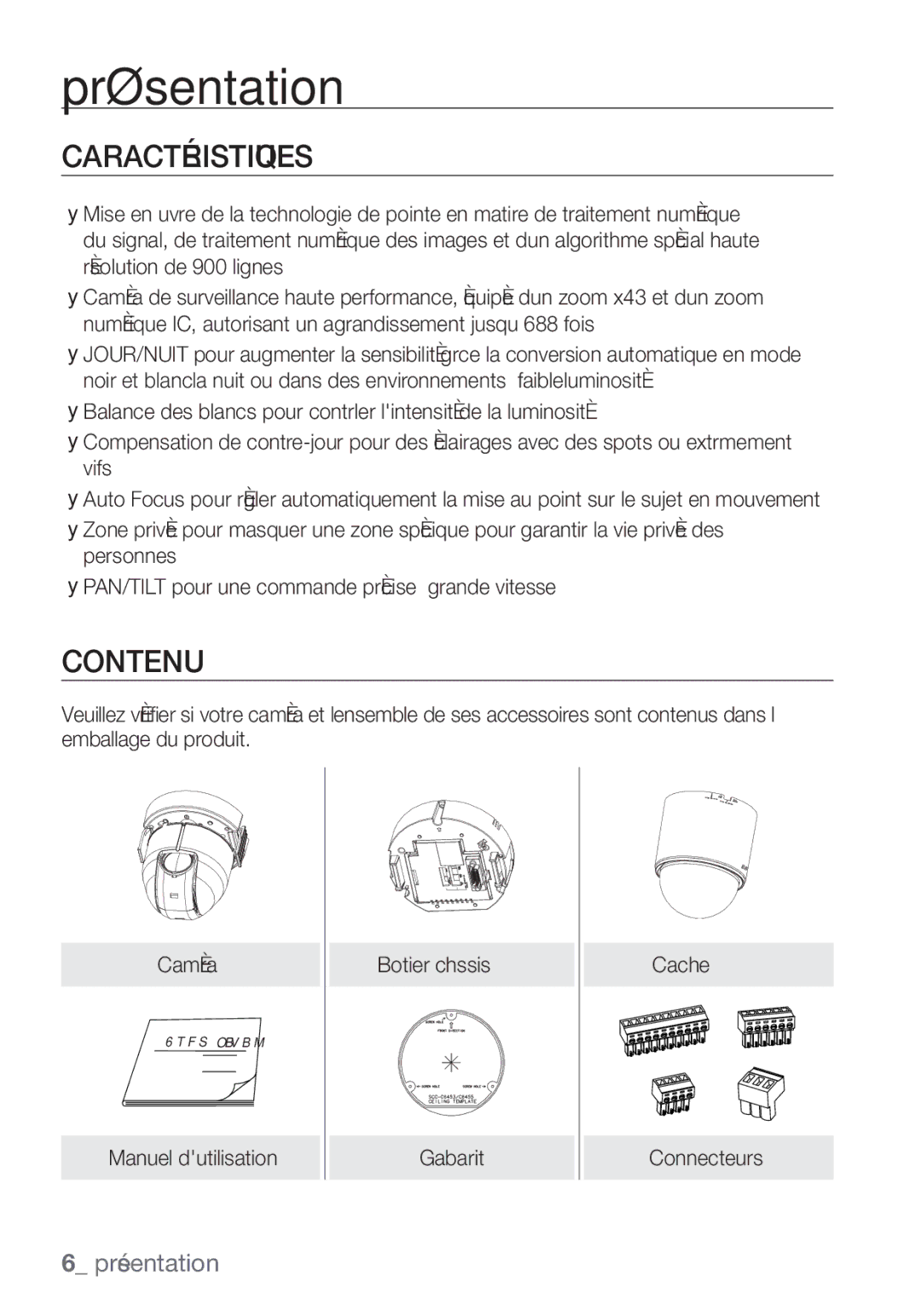 Samsung SCC-C6453P manual Caractéristiques, Contenu 