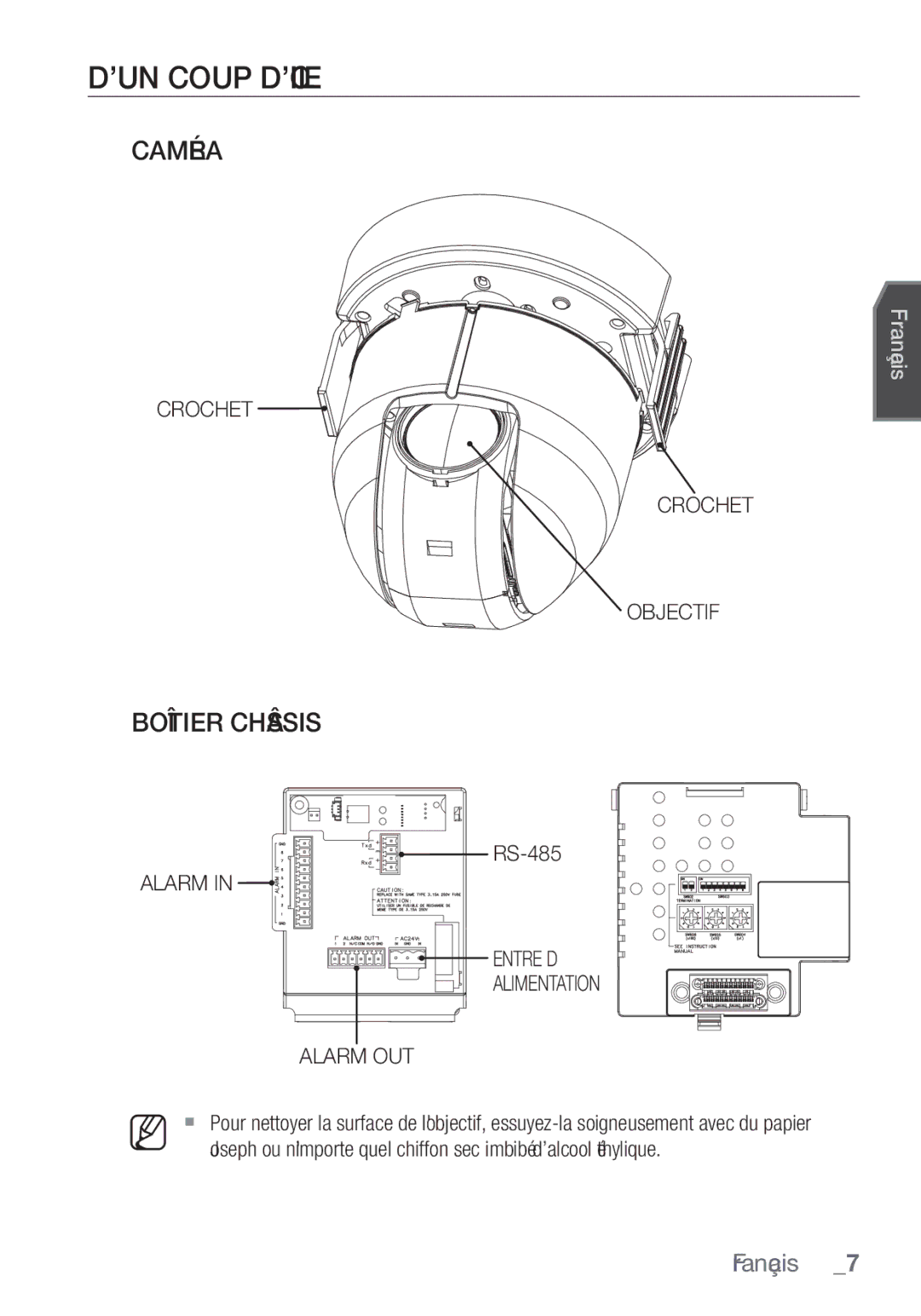 Samsung SCC-C6453P manual ’UN Coup D’ŒIL, Caméra, Boîtier Châssis, Crochet Objectif, Alarm Entrée D’ Alimentation Alarm OUT 