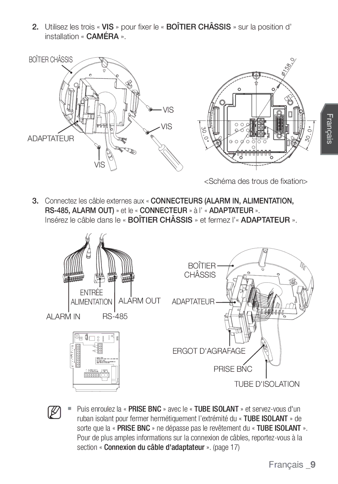 Samsung SCC-C6453P Boîtier Châssis VIS Adaptateur, Schéma des trous de ﬁ xation, Ergot Dagrafage Prise BNC Tube Disolation 