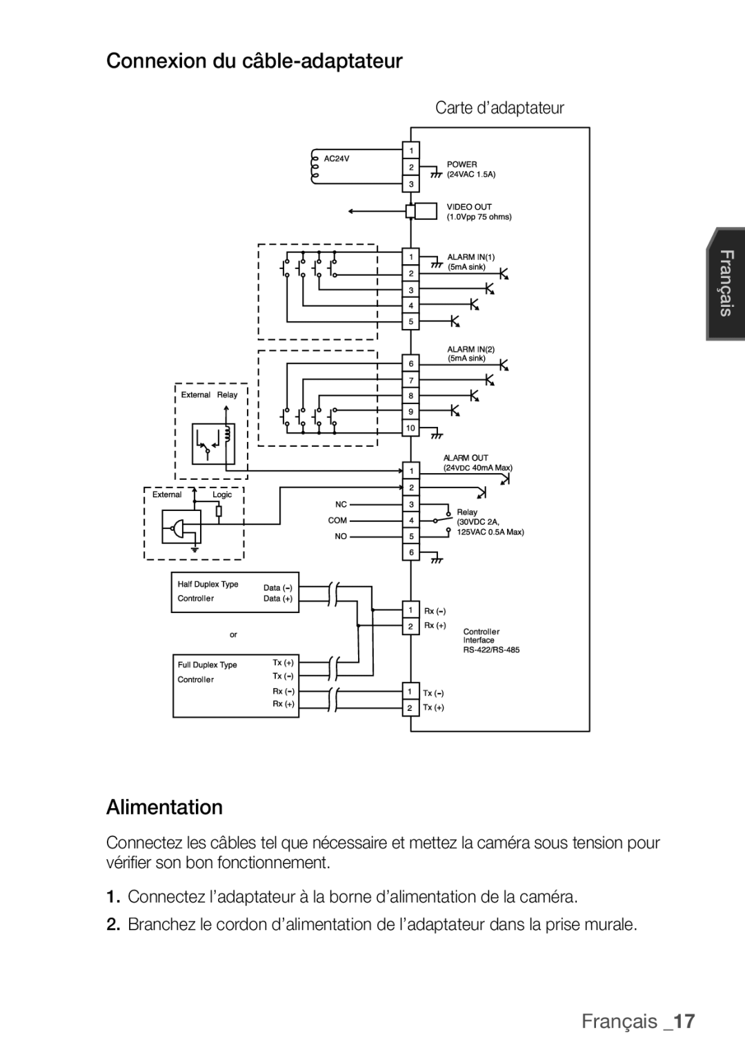 Samsung SCC-C6453P manual Connexion du câble-adaptateur, Alimentation, Carte d’adaptateur 