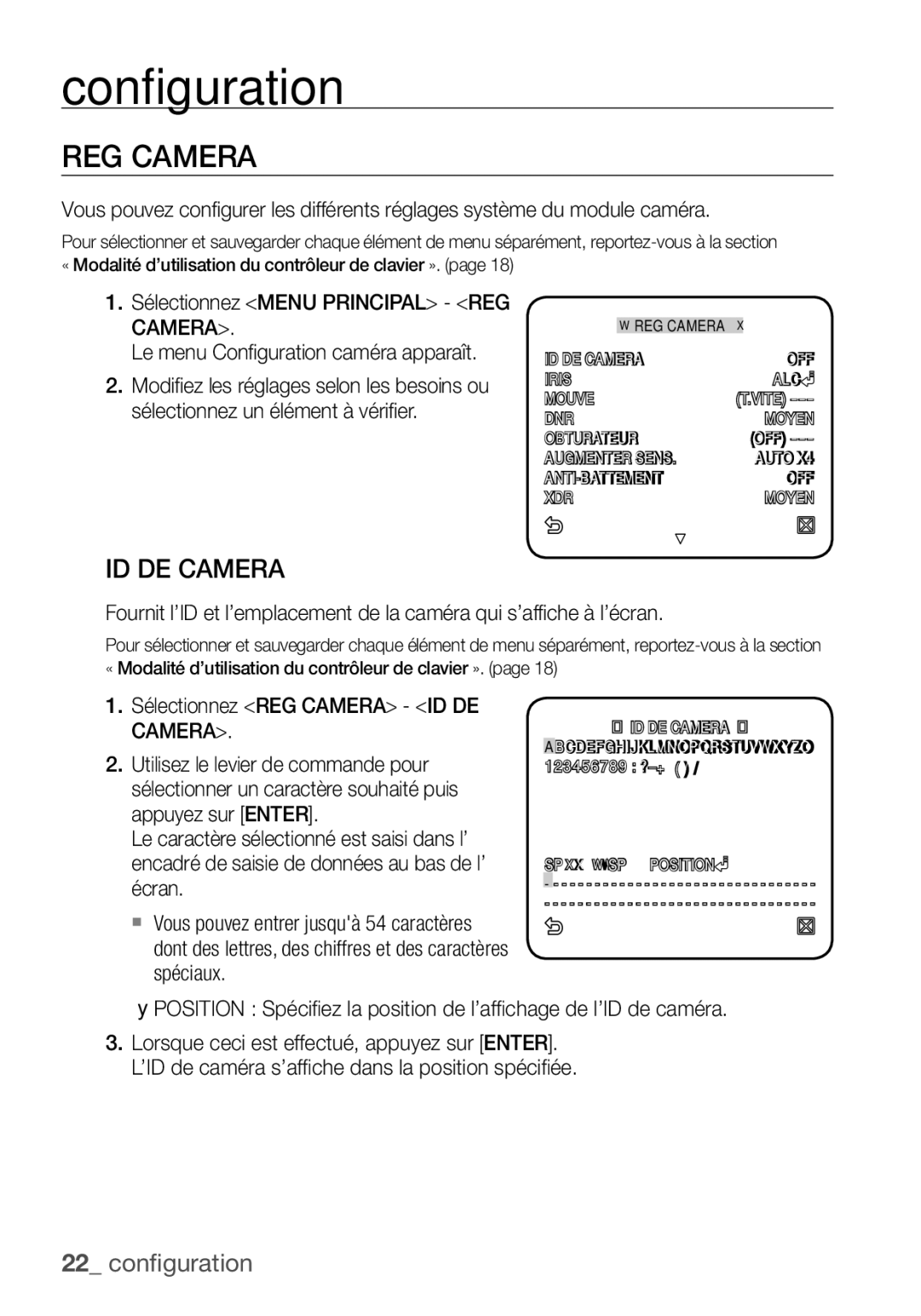 Samsung SCC-C6453P manual Sélectionnez REG Camera ID DE Camera 