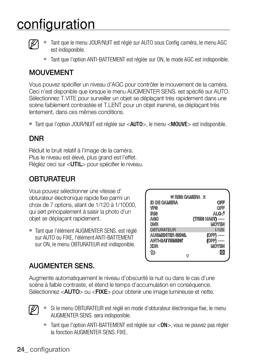 Samsung SCC-C6453P manual Mouvement, Obturateur, Augmenter Sens 