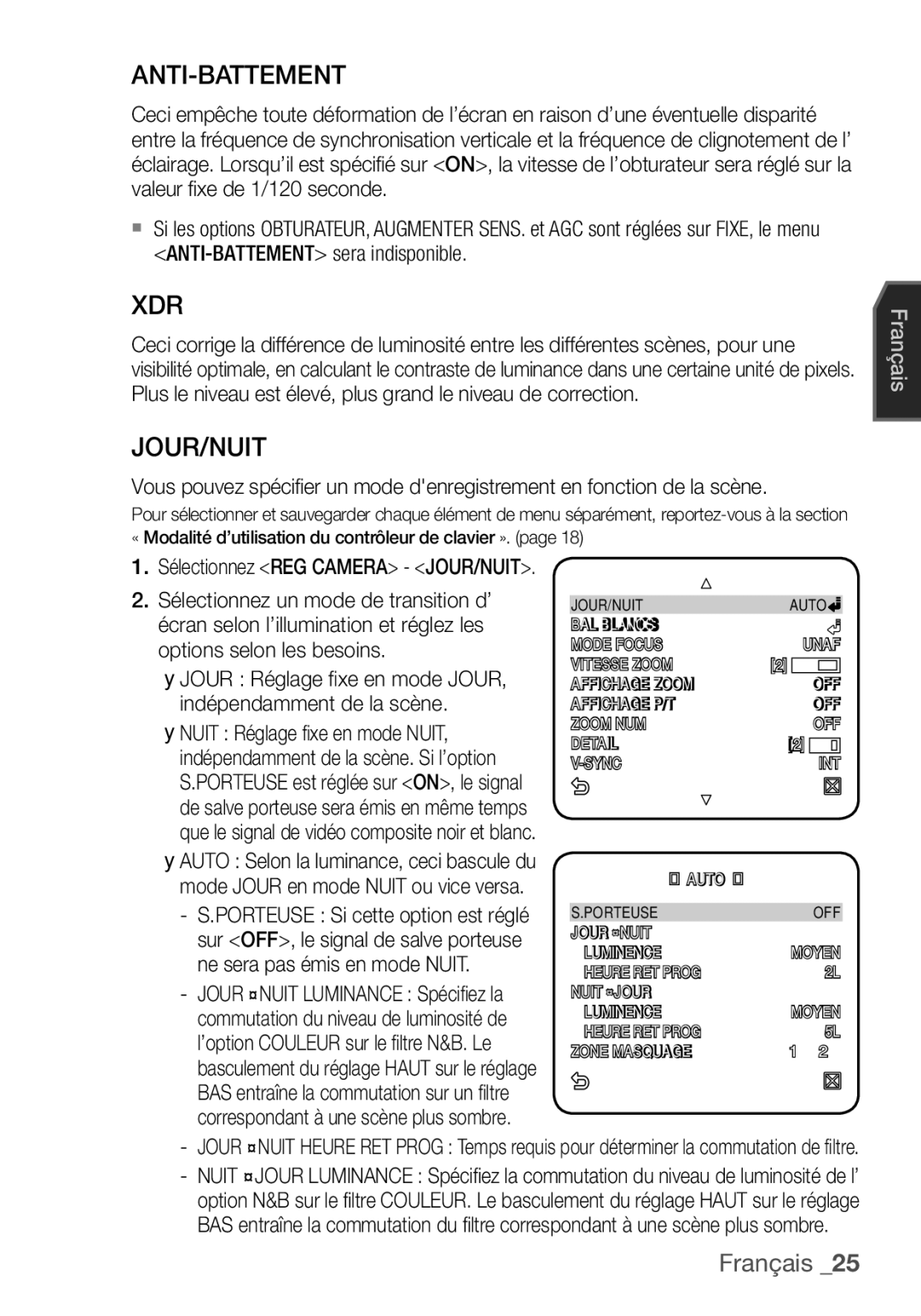 Samsung SCC-C6453P manual Anti-Battement, Jour/Nuit 