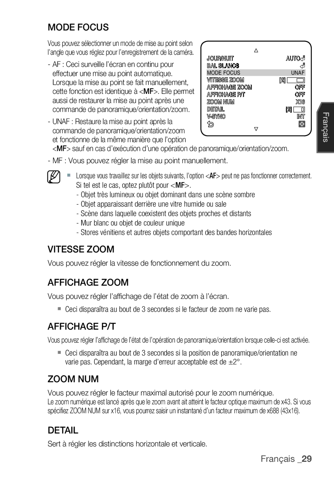 Samsung SCC-C6453P manual Mode Focus, Vitesse Zoom, Affichage Zoom, Affichage P/T, Zoom NUM 