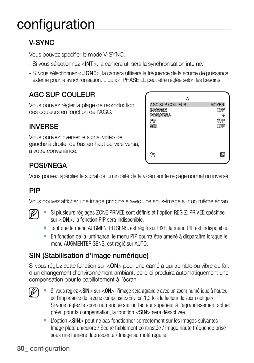 Samsung SCC-C6453P manual AGC SUP Couleur, Inverse, SIN Stabilisation d’image numérique 