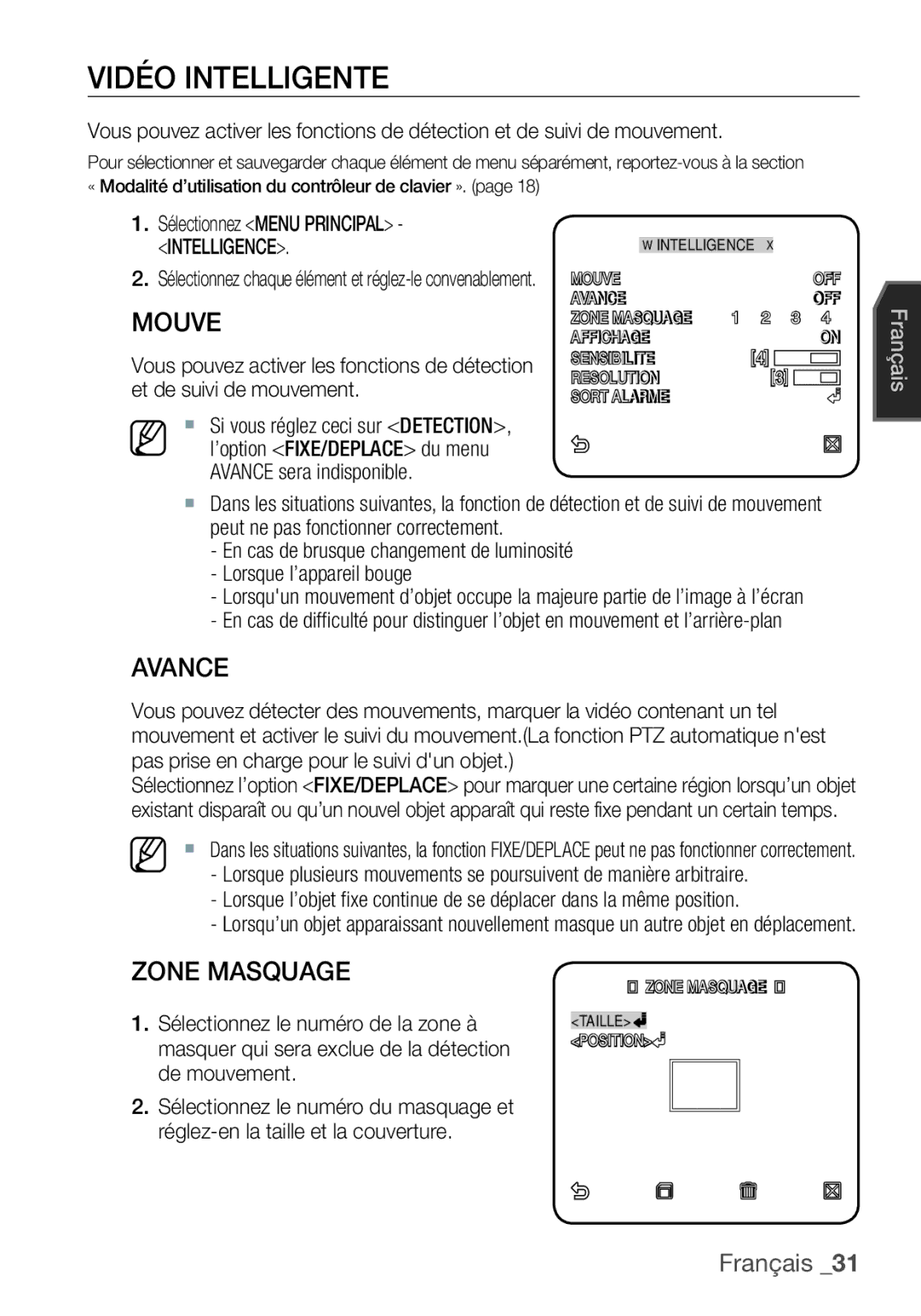 Samsung SCC-C6453P manual Vidéo Intelligente, Mouve, Avance, Zone Masquage 