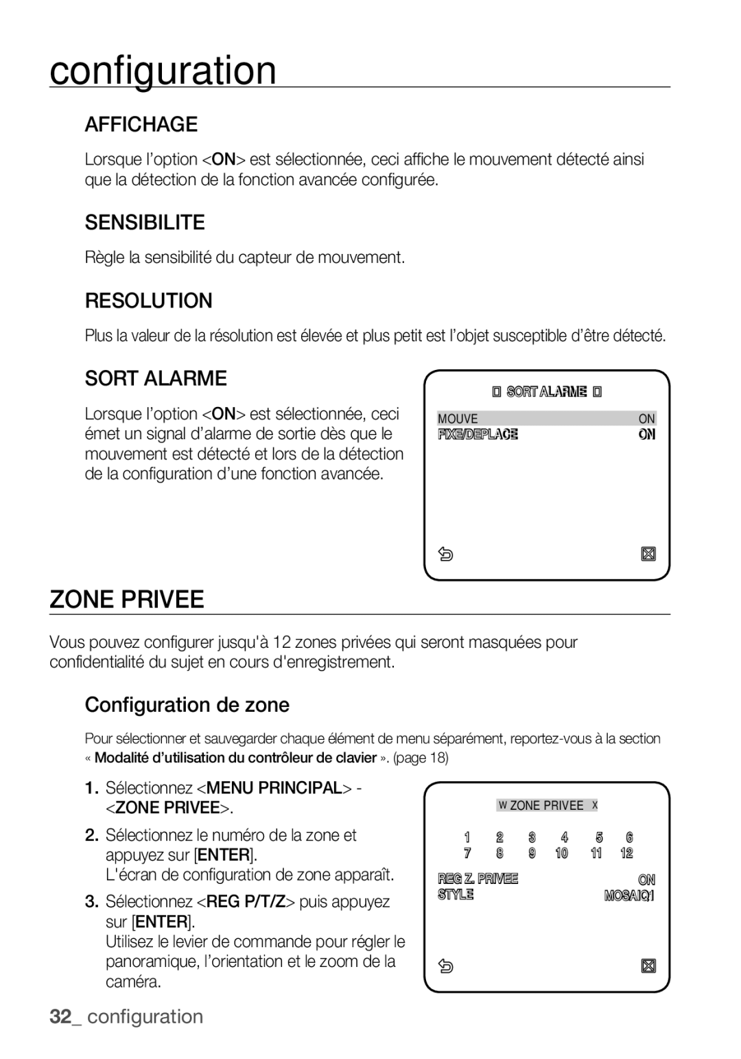 Samsung SCC-C6453P manual Zone Privee, Affichage, Sensibilite, Sort Alarme, Configuration de zone 