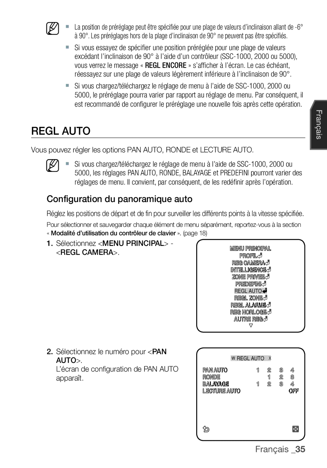 Samsung SCC-C6453P manual Regl Auto, Configuration du panoramique auto, Sélectionnez Menu Principal Regl Camera 