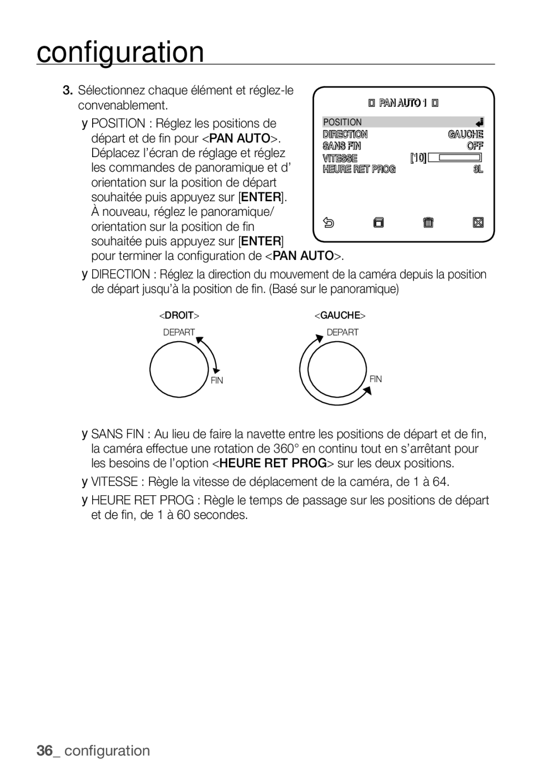 Samsung SCC-C6453P Sélectionnez chaque élément et réglez-le convenablement, Pour terminer la conﬁ guration de PAN Auto 