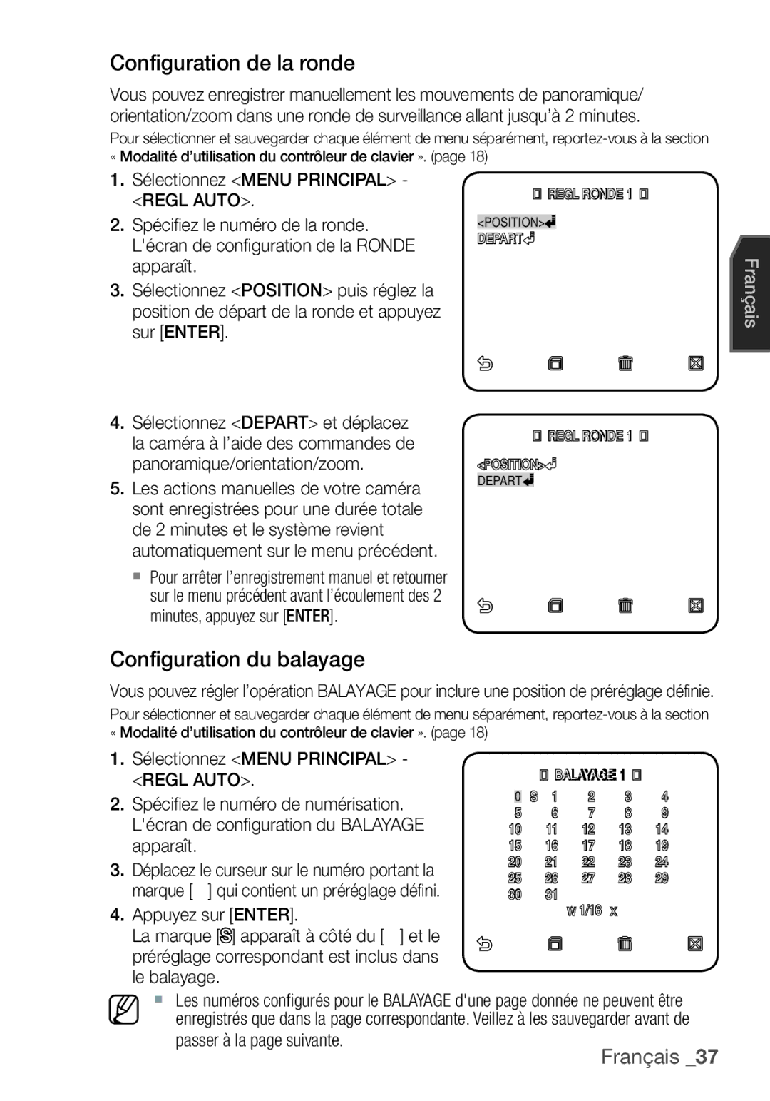 Samsung SCC-C6453P manual Configuration de la ronde, Configuration du balayage, Regl Auto 