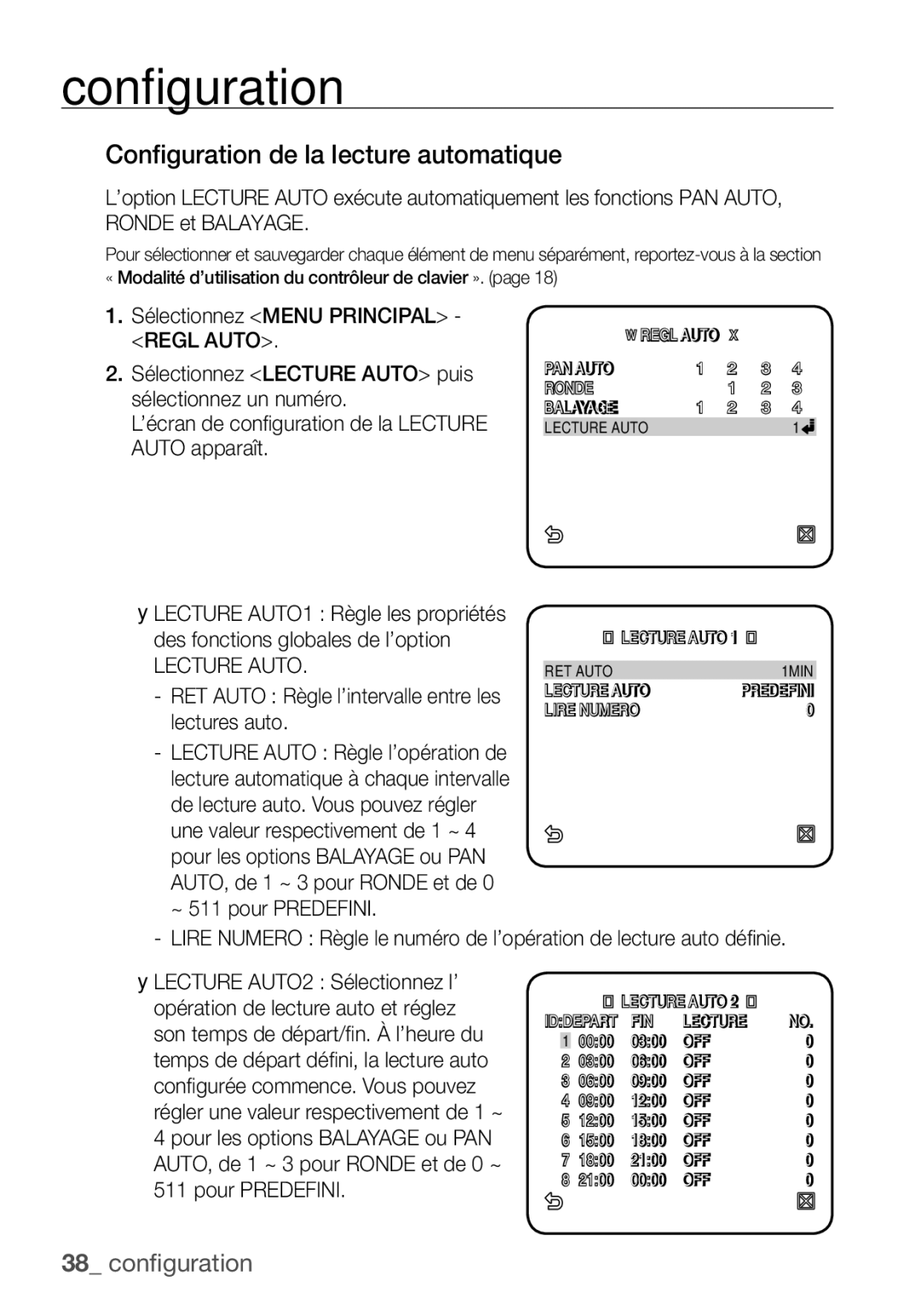 Samsung SCC-C6453P manual Configuration de la lecture automatique, Lecture Auto 