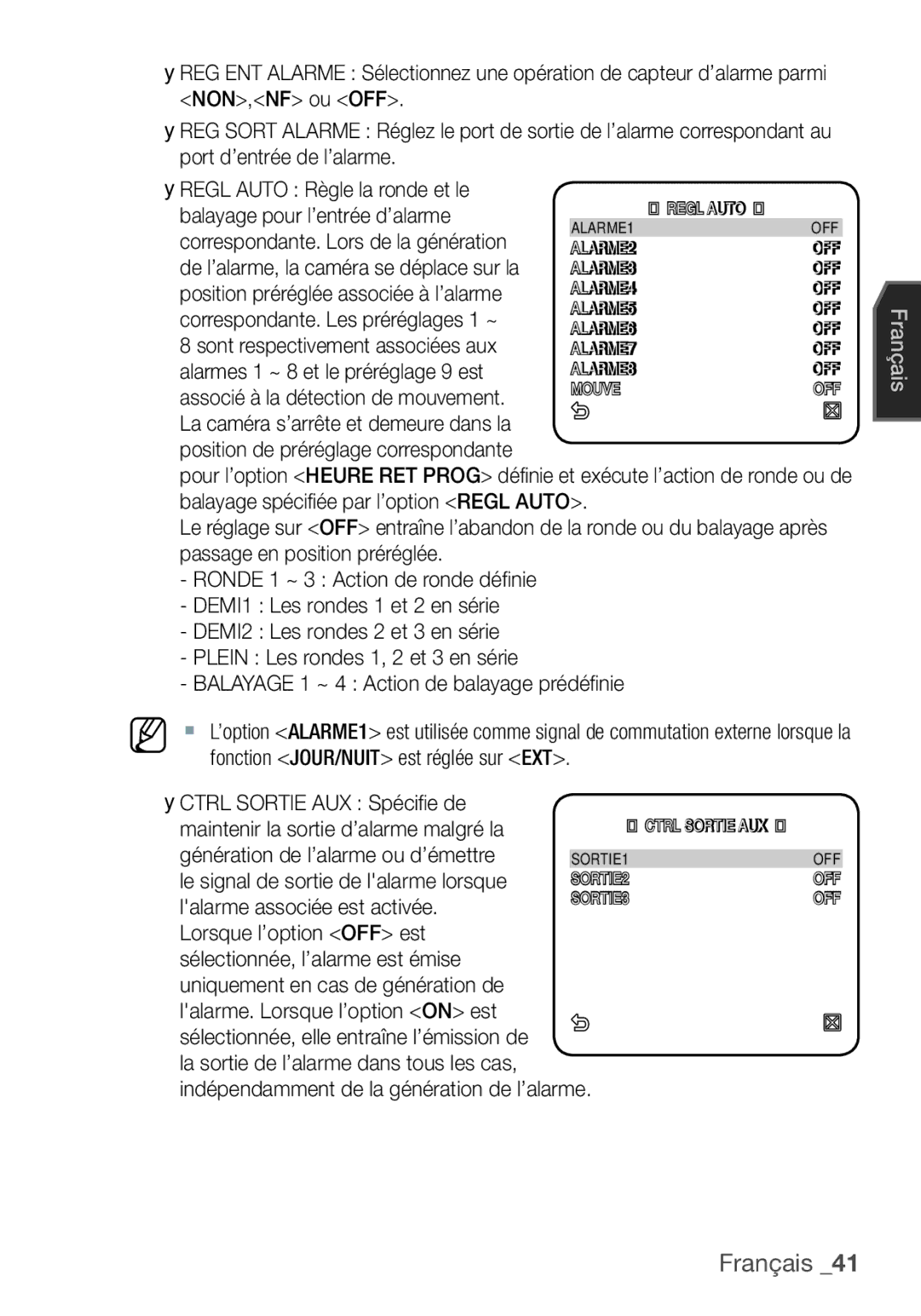 Samsung SCC-C6453P manual Génération de l’alarme ou d’émettre, Le signal de sortie de lalarme lorsque 