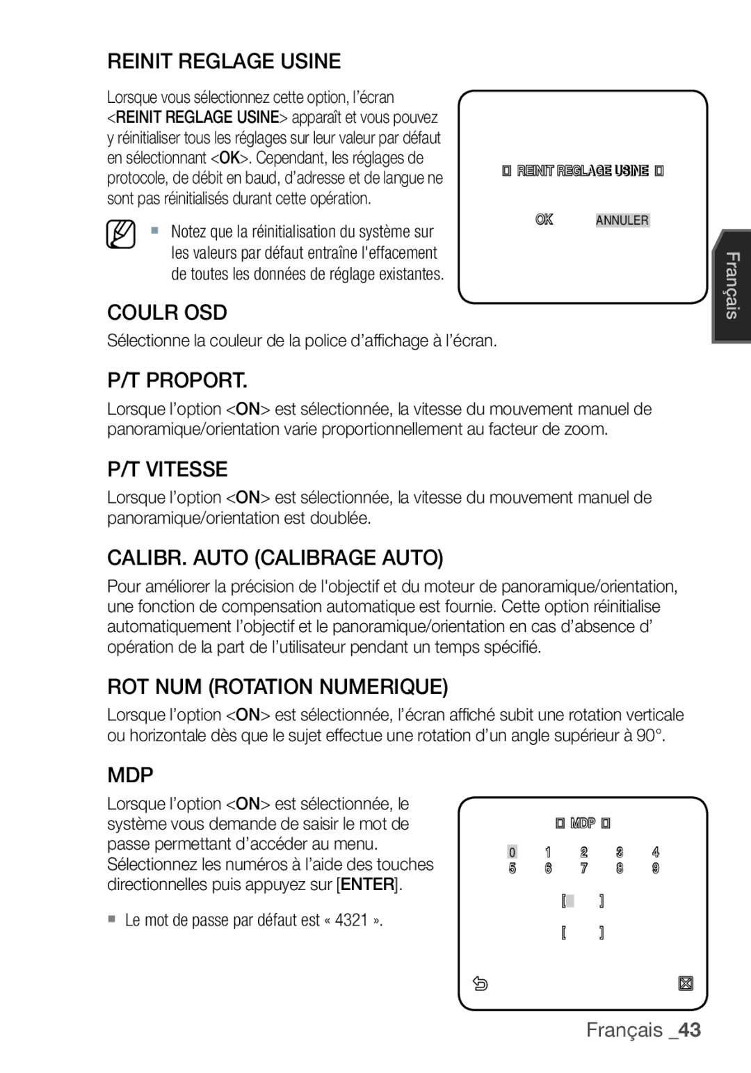 Samsung SCC-C6453P manual Reinit Reglage Usine, Coulr OSD, Proport, Vitesse, CALIBR. Auto Calibrage Auto, Mdp 