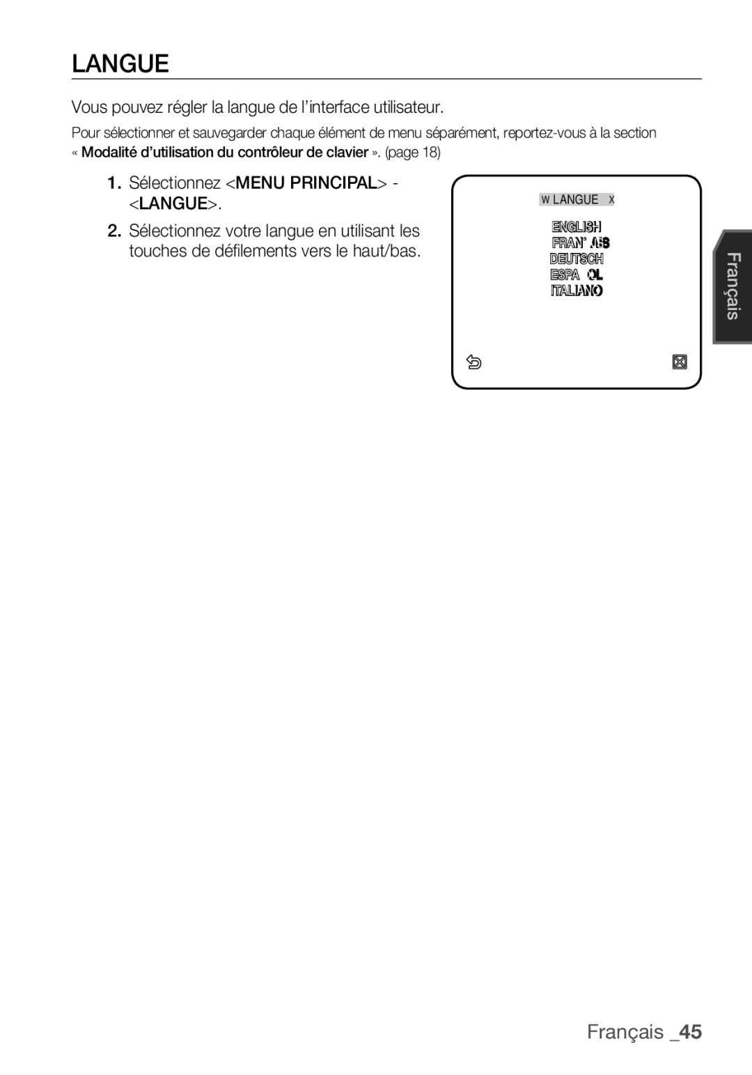 Samsung SCC-C6453P manual Vous pouvez régler la langue de l’interface utilisateur, Sélectionnez Menu Principal Langue 