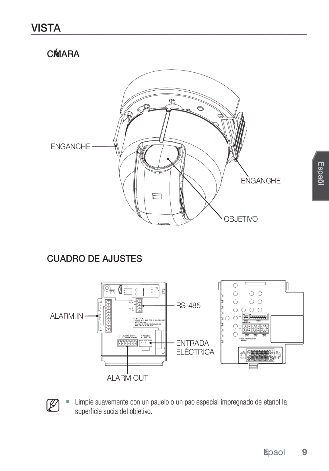 Samsung SCC-C6453P manual Vista, Cámara, Cuadro DE Ajustes, Enganche Objetivo, Alarm Entrada Eléctrica Alarm OUT 