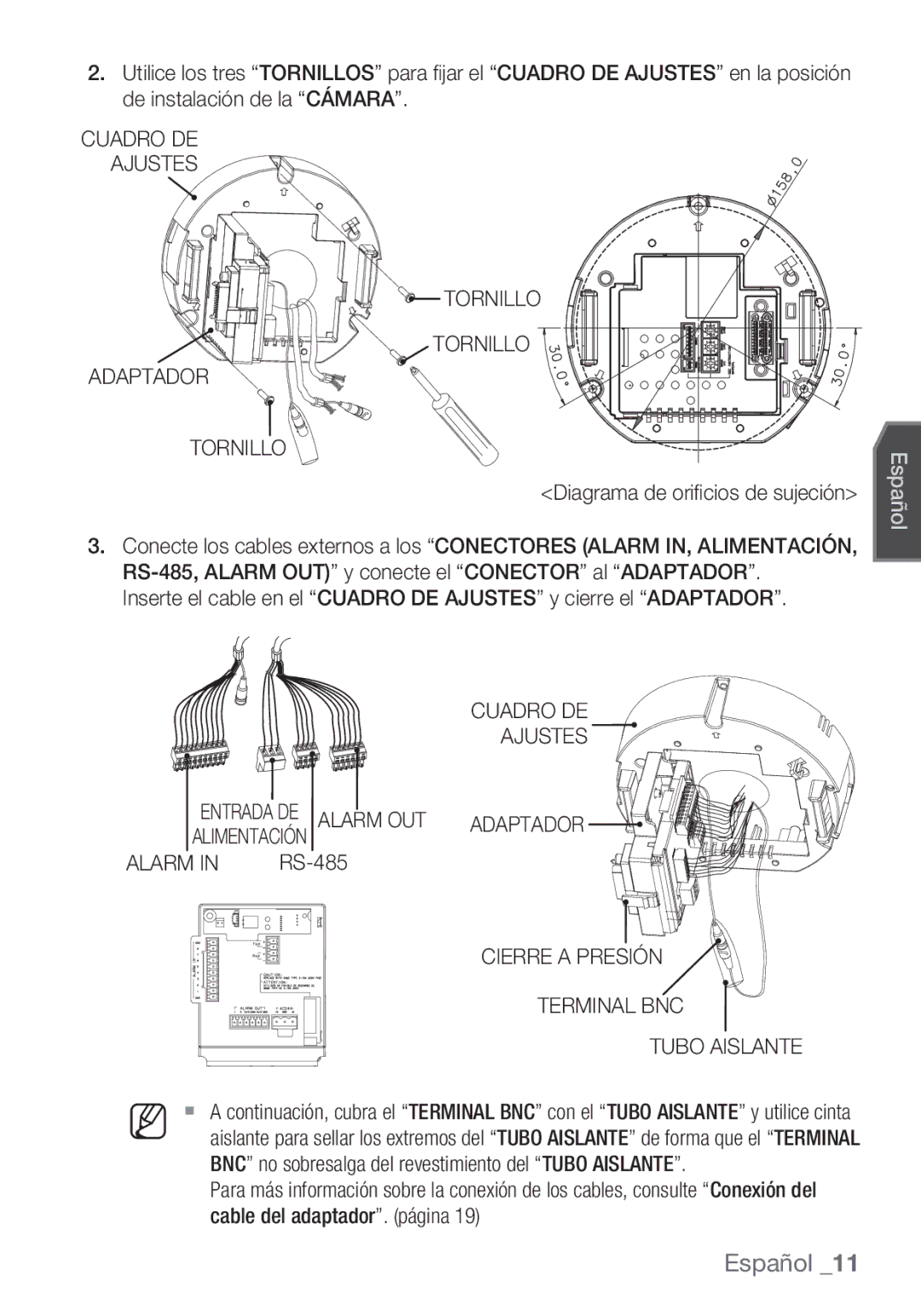 Samsung SCC-C6453P manual Cuadro DE Ajustes Tornillo Adaptador, Diagrama de oriﬁ cios de sujeción, Alimentación Alarm 