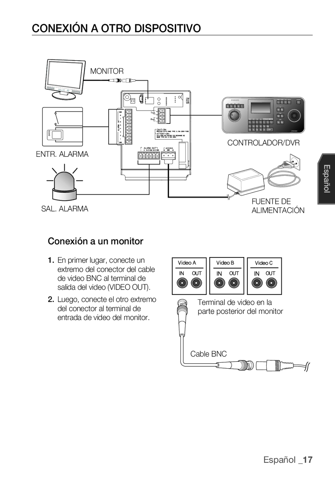 Samsung SCC-C6453P Conexión a Otro Dispositivo, Conexión a un monitor, Monitor CONTROLADOR/DVR ENTR. Alarma, Cable BNC 