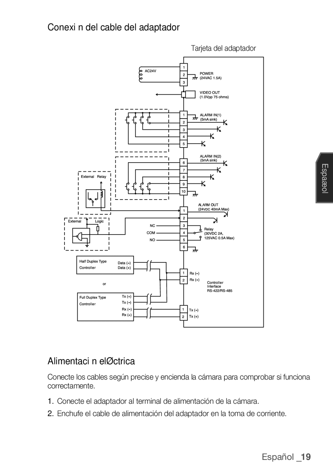 Samsung SCC-C6453P manual Conexión del cable del adaptador, Alimentación eléctrica, Tarjeta del adaptador 