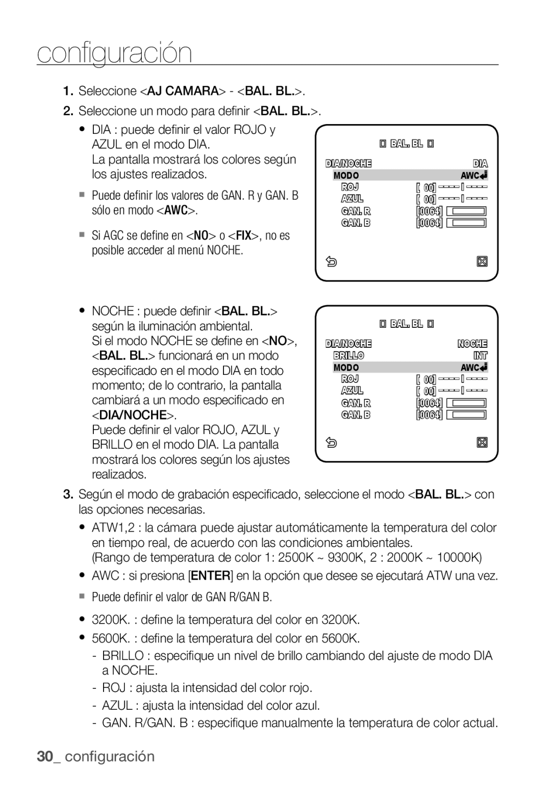 Samsung SCC-C6453P manual Seleccione AJ Camara BAL. BL 