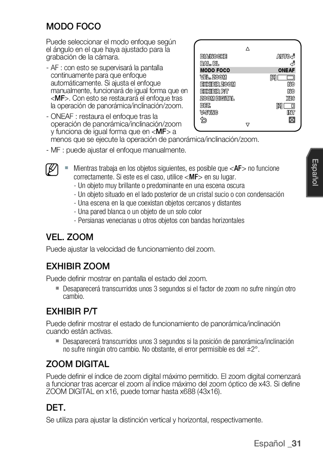 Samsung SCC-C6453P manual Modo Foco, VEL. Zoom, Exhibir Zoom, Exhibir P/T, Zoom Digital, Det 